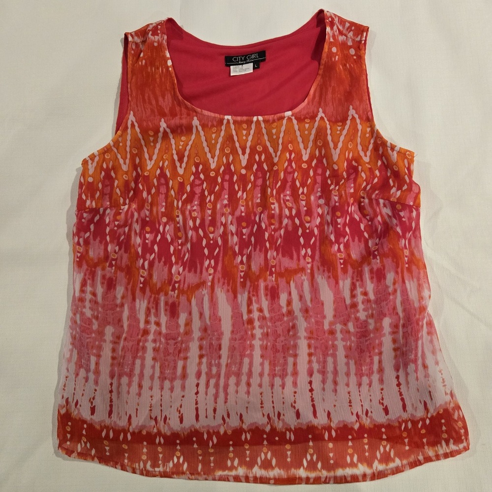 Vintage City Girl Ladies Lined Sleeveless Abstract Blouse Red Pink Orange Size L